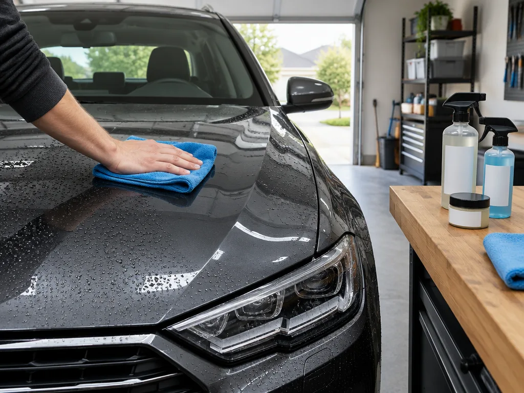 Nytvättad bil i ett garage där lacken buffas blank med en mikrofiberduk efter vaxning