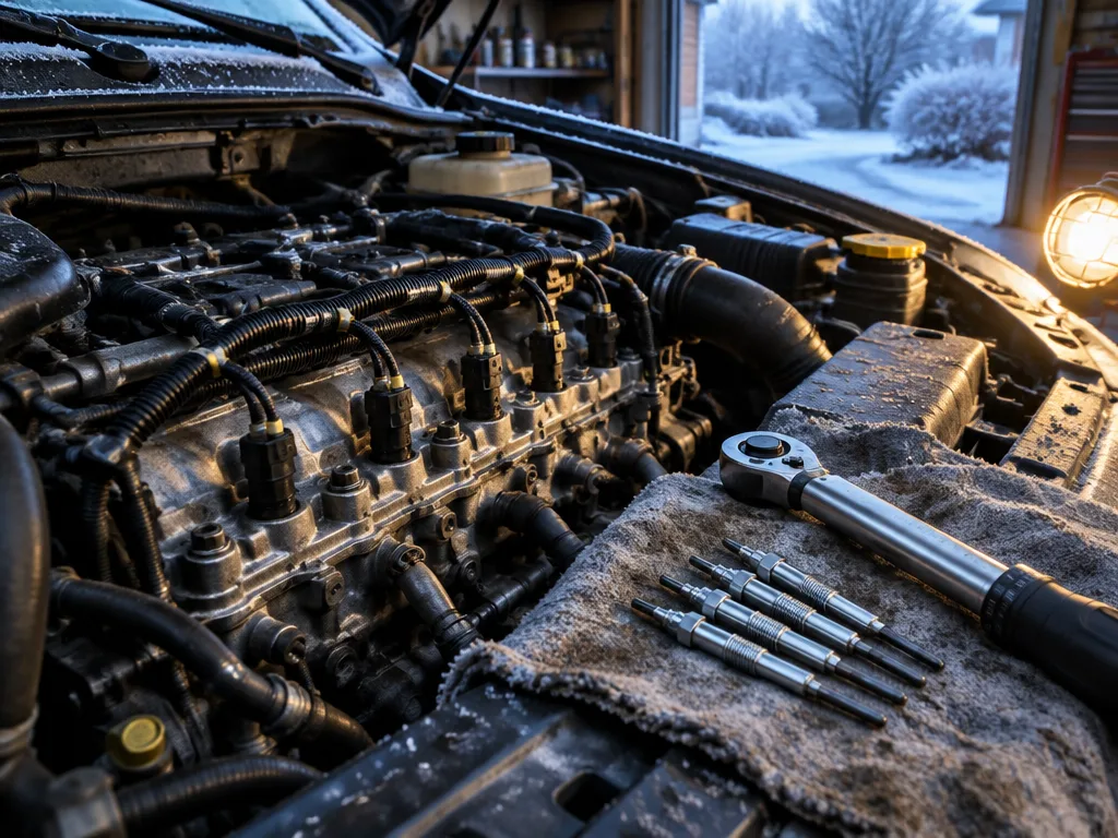 Dieselmotor i ett garage en frostig vintermorgon med fyra nya glödstift och en momentnyckel på en trasa bredvid topplocket