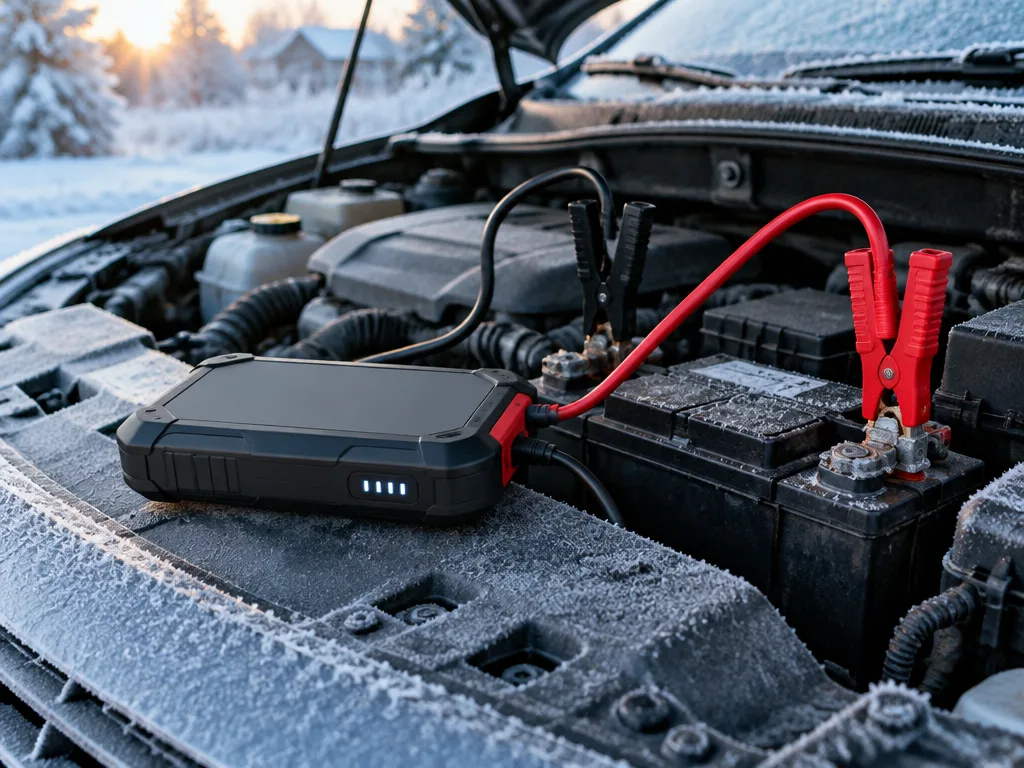 Bärbar startbooster med röd och svart klämma kopplad till ett bilbatteri i ett öppet motorrum