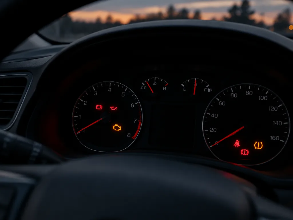 Instrumentpanel i en bil i skymningen med röda och gula varningslampor för batteri, oljetryck, motor, broms och däcktryck